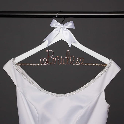 Ella Celebration Bride to Be Wedding Dress Hanger Wooden and Wire, Accented with Beads and a Bow Bridal Hangers for Brides (White with Rose Gold Wire and Rose Gold Beads)