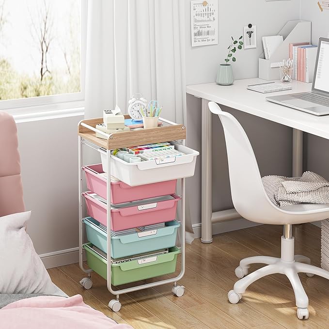 APEXCHASER Plastic Drawer Organizers with 5 Deep Drawers, Rolling Utility Cart with Wooden Top,Craft Storage Cart for Paperwork,Crafts,Snack,Kids’ Room,Nursery,Colorful