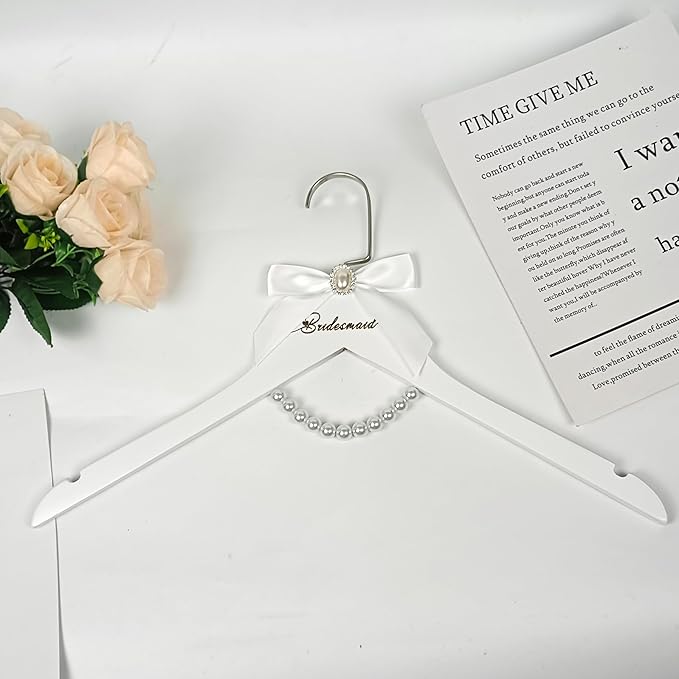 6 Pcs Bridesmaid Hangers White Wooden Wedding Bride Hanger with Bow and Pearl Necklace for Wedding Dresses Bridesmaid Dresses Gowns （6 Bridesmaid Hangers）