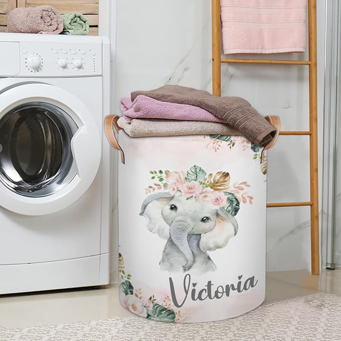 Personalized Laundry Basket, Custom Gift Laundry Hamper, Collapsible Nursery Waterproof Laundry Baskets, Dirty Clothes Toy Hamper with Handles Tropical Elephant Pink