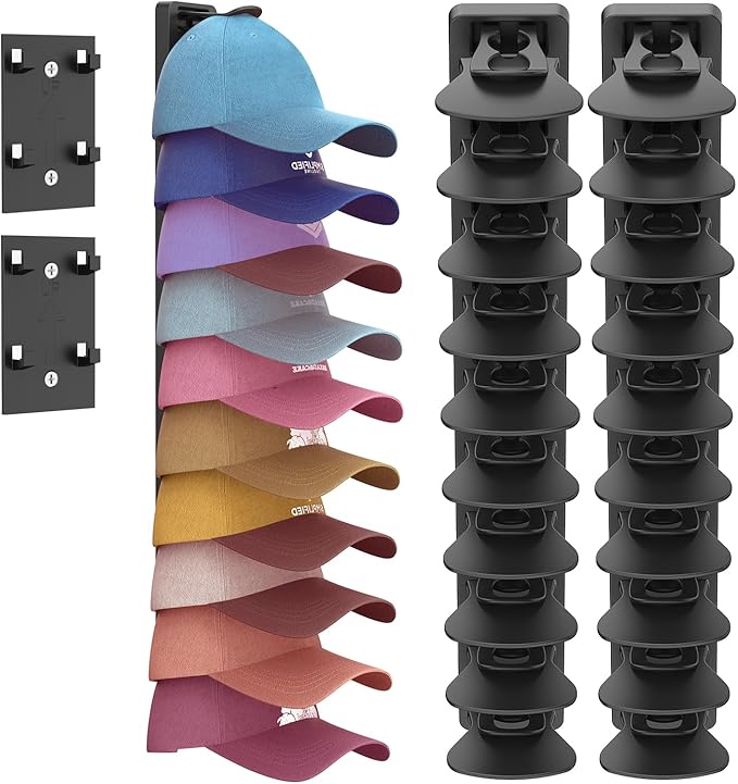 Hat Organizer for Baseball Caps 2 Pack, Adhesive Hat Rack for Wall, Baseball Cap Organizer (Black)