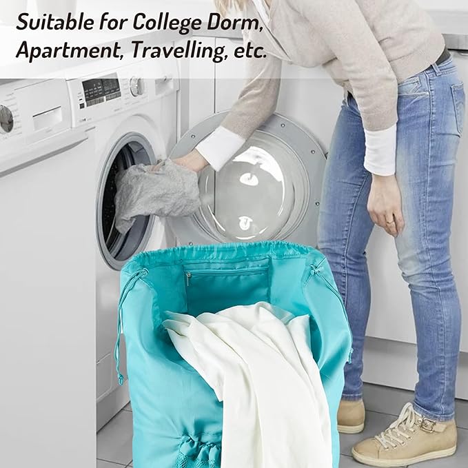Seiritex Backpack Laundry Bag with Straps and Detergent Holder, Clothes Laundry Backpack for College Travel Apartment Dorm Room (Green)