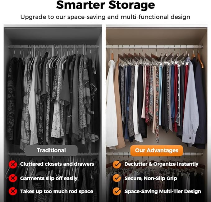 2 Pack Legging Hanger for Closet, with 10 Non Slip Clips Each, Wooden Clothes Hanger for Home Use, Space Saving Hanger for Family (Wood)