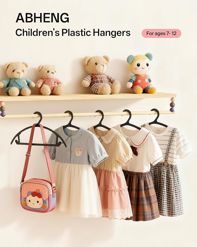 100 Pack Kids Hangers, Non-Slip & Sturdy Coat Hangers, Ultra-Thin Plastic Suit Hangers for 7-12 Years Old, Dry & Wet Dual-Use Multi-Scenario Storage, Holds Up to 11 LB, 14" W,Black,UAPY09100B