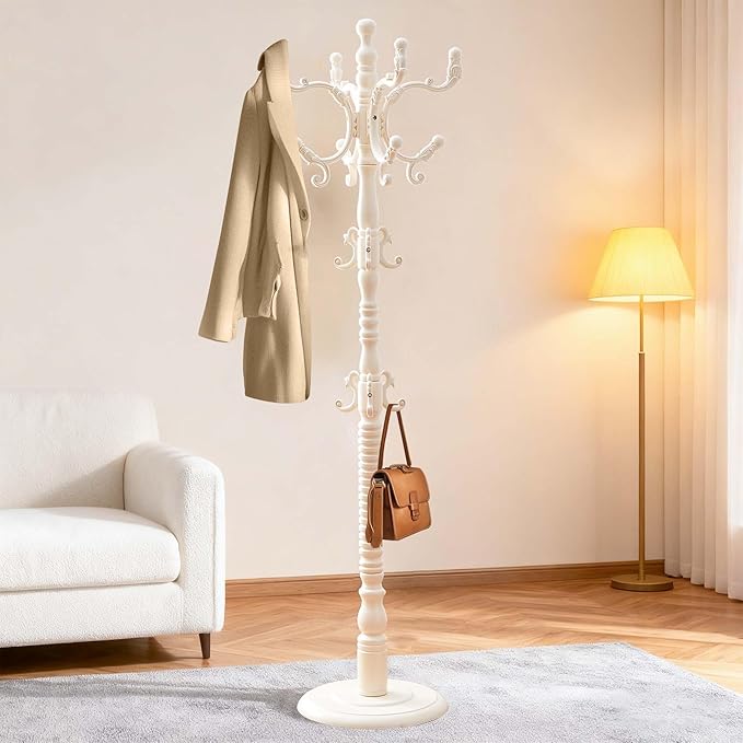 73" Wooden Coat Rack Freestanding, Coat Rack Stand With 18 Hooks And Round Solid Wood Base，Adjustable Height, Easy To Assemble For Entrance Hallway Office Living Room Bedroom (Retro White, 1 PCS)