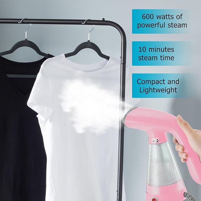 True & Tidy Handheld Portable Handheld Steamer for Clothes with Stainless Steel Steam Plate, 600watts of Powerful Steam, Compact and Lightweight, Pink