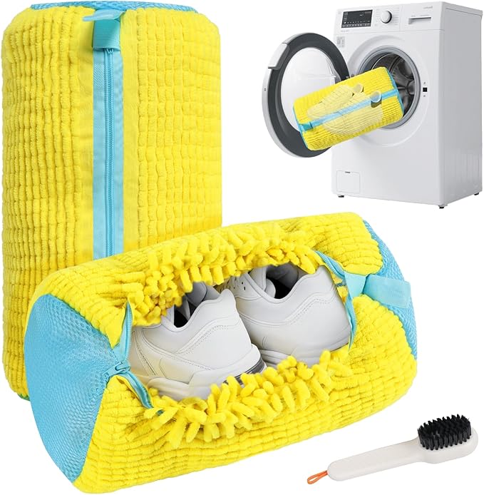 Shoe Washing Machine Bag - 2Pack Laundry Shoe Bag for Washer and Dryer, Reusable Shoe Cleaning Bag for All Shoe Sizes, 360° Deep Clean for Tennis Shoes, Sneakers, Includes 1 Brush (Yellow)