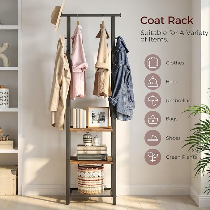 Coat Rack Freestanding, Hall Tree with 3-Shelves and 8 Hooks, Industrial Clothes Rack Stand Organizer for Entryway, Bedroom, Bags, Hats, Scarves, Rustic Brown and Black CRHR14901