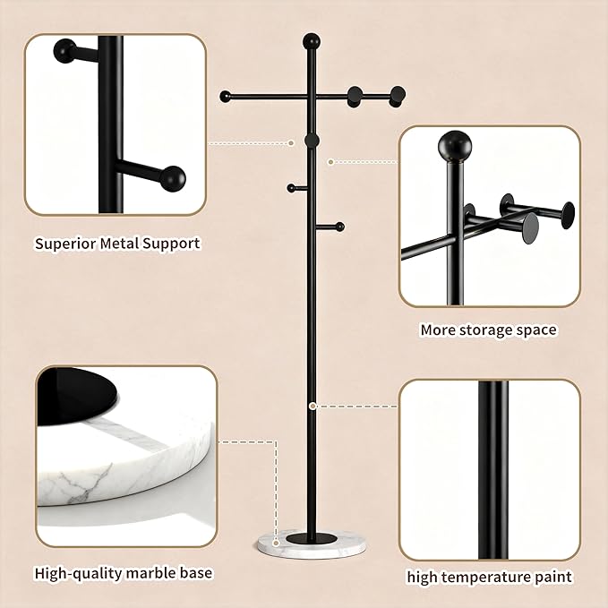 68.9 Inch tall Modern Coat Rack,Black coat tree freestanding heavy duty,Heavy-Duty Metal Coat Rack Stand with Sturdy Marble Base for Entryway,Hallway,Bedroom,Holds Coats Hats Bags Scarves