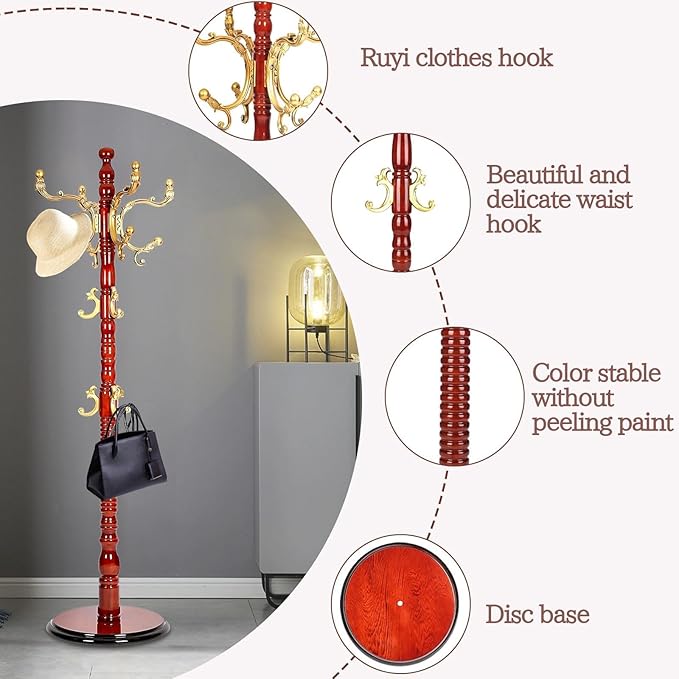 Coat Racks freestanding, High-grade Wooden Tree Rack, hall tree With 14 Hooks & Stable Disc Base, For such as coats, jackets, Home Office Entry-way hanger Organizer (Begonia color)