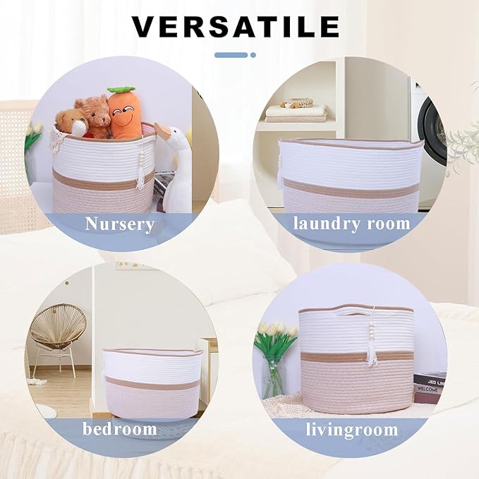Large Woven Rope Laundry Hamper, Cotton Rope Storage Basket with Handles, Multipurpose Storage Basket for Laundry, Toys, Blankets in Bedroom, Bathroom, Living Room - Stylish & Durable (Brown, 100L)