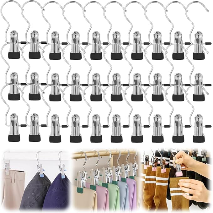 Clothes Pins Hanging Clips, 2025 Upgrade Space-Saving Clothespin Hat Pants Storage Hanging Travel Hook, Multifunctional Hanger Hooks Anti Rust Clips for Clothes (30, Black)