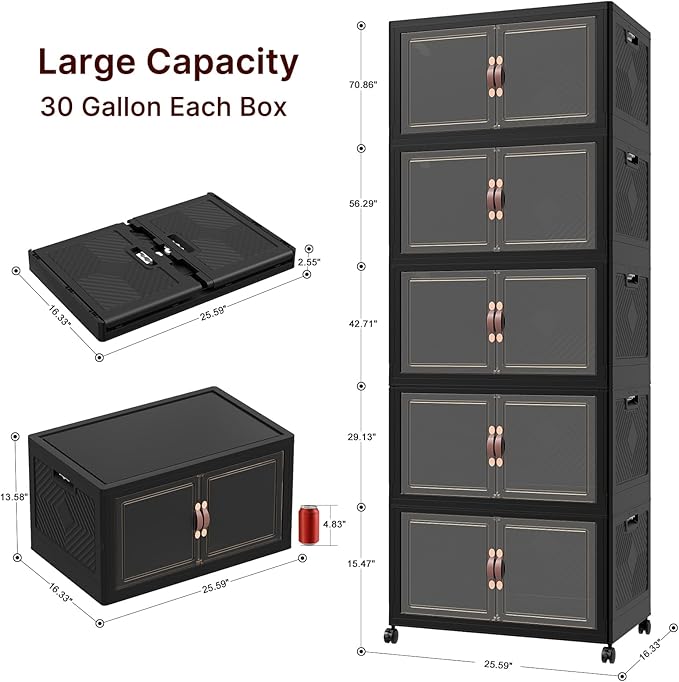 Extra Large Stackable Storage Bins, Lockable Storage Bins with Lids, Folding Storage box with Doors and Wheels, Collapsible Plastic Drawers for Home, Garage, Office (5, Black, Large)