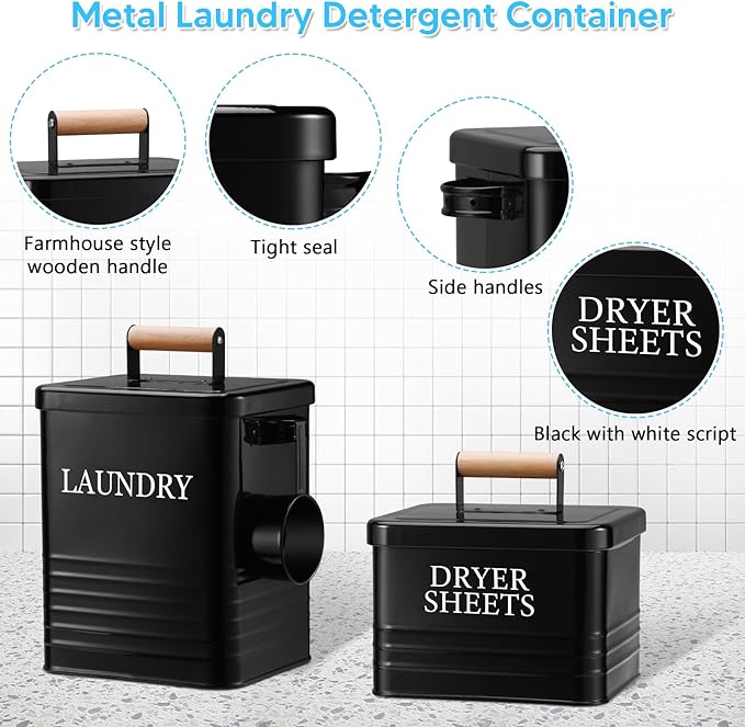 Metal Laundry Powder Container with Dryer Sheet Holder Modern Farmhouse Laundry Detergent Container with 1 Spoon Fabric Softener Dispenser with Lid for Space Saving Room Organization and Decor