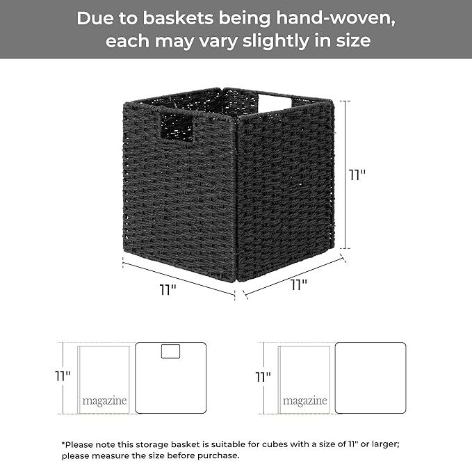 StorageWorks 11 inch Wicker Baskets, Handwoven Storage Cubes with Handles, Foldable Paper Rope Basket for Organizing, Black, 2 Pack