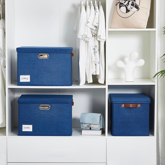 15" Large Collapsible Storage Bins with Lids, Stackable Closet Organizers with PU Handle and Labels, 3-Pack Decorative Fabric Storage Boxes for Home, Bedroom, Closet, Office, Nursery(Navy Blue)