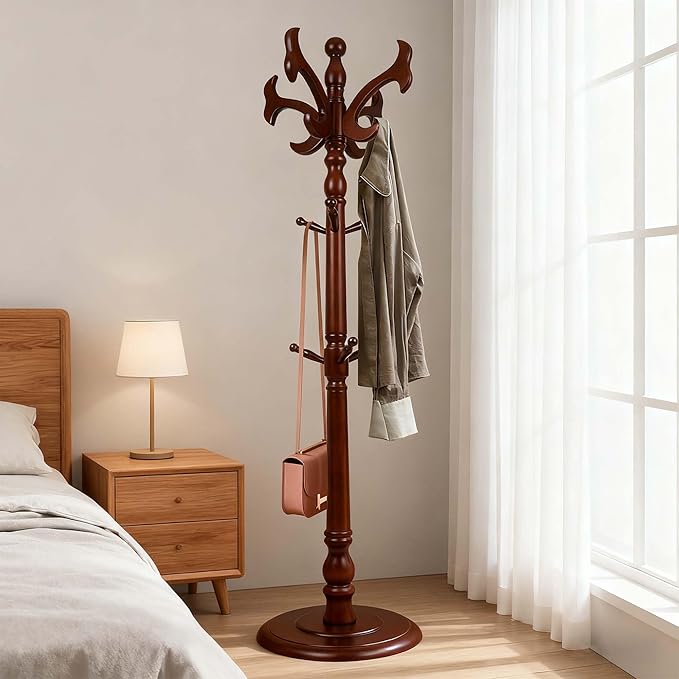 73”Vintage Wooden Coat Rack，With 14 Hooks and Sturdy Round Base.Sturdy and Durable Standing Coat Racks，Adjustable Wooden Freestanding Coat Rack for Porch，Bedrooms (Mahogany) (fishtail, 1 PCS)