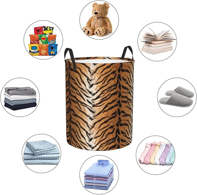 Tiger Animal Texture Round Laundry Hamper Storage Basket Toys Clothes Organizer Bin For Home Bathroom Bedroom Dorm Nursery, 38l