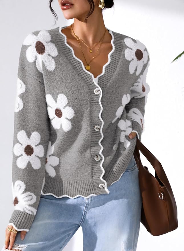 Pink Queen Fuzzy Sweater Cardigan for Women 2025 Fashion Long Sleeve Flower Outerwear Button Down Open Front Cardigan Coat