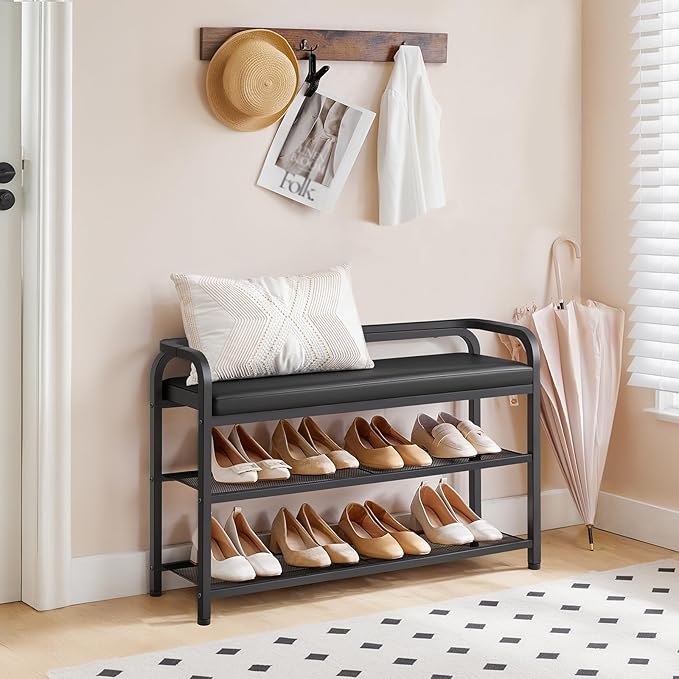 Shoe Bench with Backrest, Entryway Bench, 2-Tier Shoe Rack with PU Padded Seat, Upholstered Shoe Storage Bench with Back, for Hallway, Entryway, Foyer, Bedroom, Black HX14BB