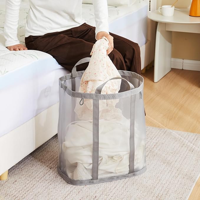 Mesh Laundry bag with Handles, 42L Collapsible Laundry Basket with 2 Hooks, Wall-Mounted Foldable Laundry Hamper Hanging for Bathroom, Dorm or Travel (Grey, 2 Pack）
