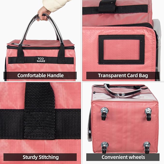 Reusable Grocery Bag on Wheels, Rolling Shopping Bags with Wheels and Handle, Folding Rolling Tote Trolley, Zipper Cover, Carries Up to 22 LBS, Easy Transportation (Small, Pink)