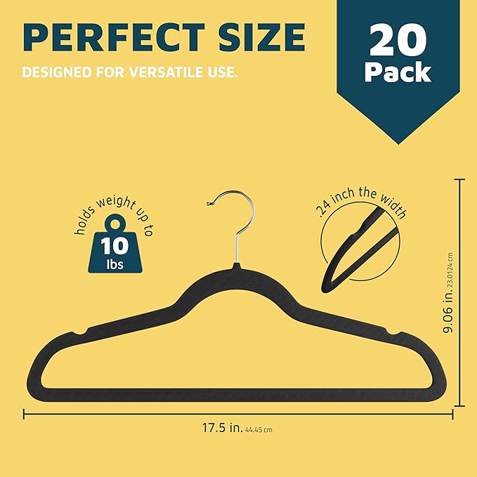 Lifemaster Velvet Non-Slip Plastic Hanger Set - 20 Pieces Non-Slip Clothes Hanger Set with 360° Swivel Hook, Space-Saving, Sleek Design, Smooth Velvet Finish, Lightweight Construction - Black