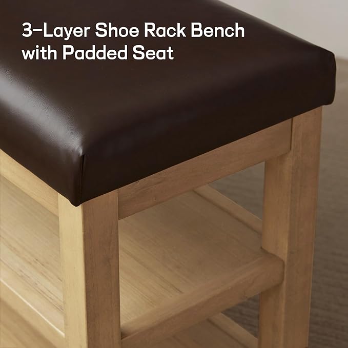 Shoe Rack Bench with Leather Cushion, 2 Tier Solid Wood Storage Bench, Mid-Century Modern Shoe Bench for Entryway, Hallway, Closet, Front Door Entrance, Foyer (Dark Brown, 46.5)