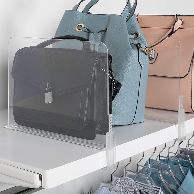 Richards Homewares Acrylic Shelf Dividers - Purse, Sweaters Organizer for Closet - Clear Separators Closet Shelf Organizer - 4 Pack Adjustable up to 2.5” Thick