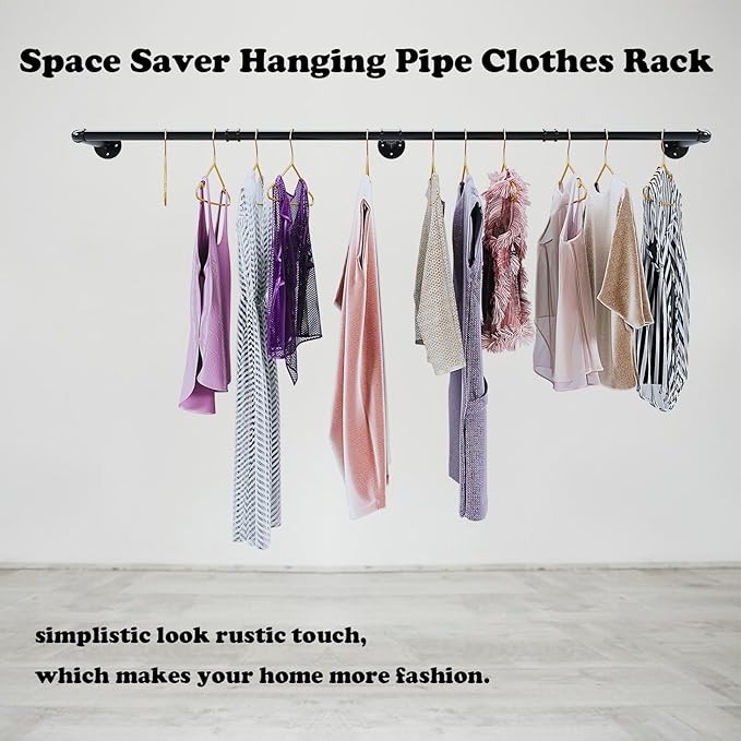 Industrial Pipe Clothes Rack Set of 2, Heavy Duty Detachable Iron Garment Rack Wall Mounted, Rustic Saving Space Clothes Bar Multi-Purpose Hanging Rod for Bedroom, Closet, Black (72.5 Inch)