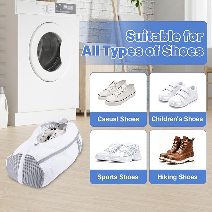 2 PCS Shoe Washing Machine Bag, Reusable L-shaped Zipper Laundry Shoe Bag for Washing Machine with Insoles Mesh Pocket for Washer and Dryer, Shoe Cleaning Bags for Sneaker Tennis Shoes