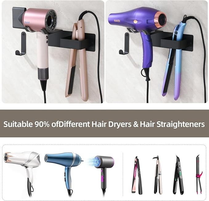 Hair Dryer and Straightener Holder, Upgraded Hair Straightener Holder with Cable Hook, Stainless Steel Universal Hair Dryer Wall Mount Waterproof for Bathroom Space-Saving Black