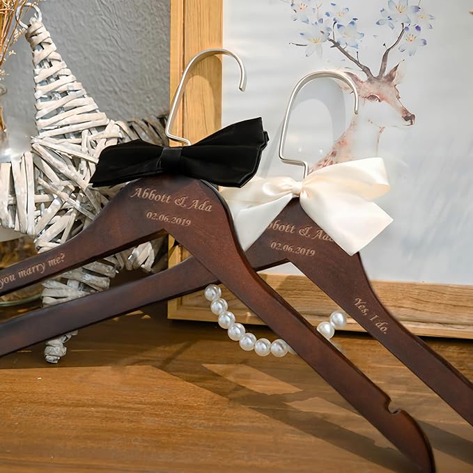 2 Pcs Personalized Wedding Hanger for Bride and Groom, Wooden Bride Hanger, Custom Mr and Mrs Hangers with Bow Tie for Tuxedo, Bridal Party Shower, Wedding Gift