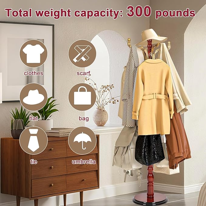 Wood Coat Rack Freestanding with 14 Hooks, 73 Inches Adjustable Height Coat Rack Stand, Vintage Hall Tree Coat Racks with Stable Round Base for Entryway, Bedroom (Begonia color)