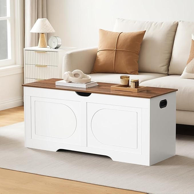 Storage Chest, 43.3” Toy Box, Entryway Storage Trunk, Shoe Bench with Storage, Engineered Wood Storage Cabinet with 2 Safety Hinges, Entrance Bench for Living Room, White + Walnut SCBZ2101