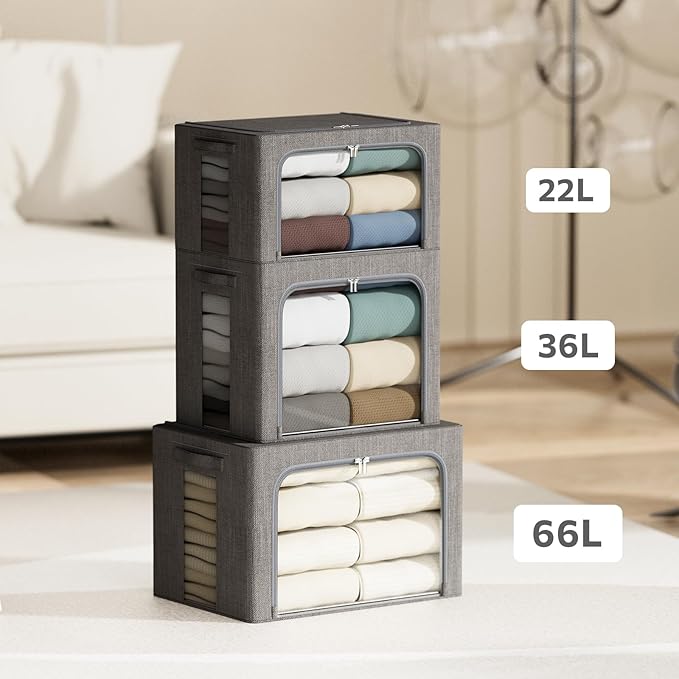 4 Pack Clothes Storage Bins with Metal Frame - 22L Stackable Storage Box with Lid，Foldable Storage Container Organizer for Clothes，Linen Fabric Storage Box with Clear Window＆Zippers＆Handles