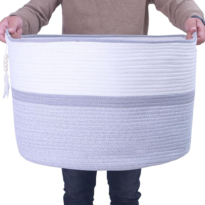 Large Woven Rope Laundry Hamper, Cotton Rope Storage Basket with Handles, Multipurpose Storage Basket for Laundry, Toys, Blankets in Bedroom, Bathroom, Living Room - Stylish & Durable (Gray, 100L)