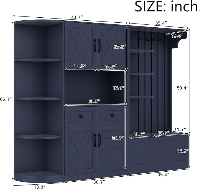 66" H Hall Tree with 4 Hooks, Open Shelving and Flip Hidden Shelf, Multifunctional Left-Right Combination Coat Rack (can be Used Separately), Entryway Bench for Living Room, Hallway (Antique Blue/35)