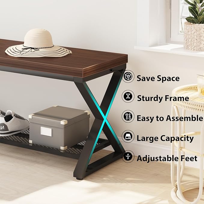 LVB Entryway Bench with Storage, Wood and Metal Indoor Bench for Entry Way, Simple Accent Shoe Rack Bench for Foyer Entrance, Long Wooden Hallway Bench with Seating for Living Room, Walnut, 47 inch