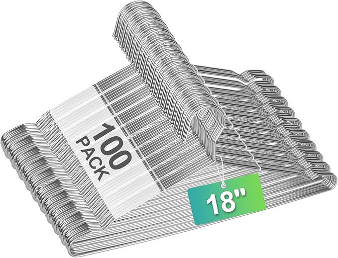 Metal Hangers Heavy Duty 18 Inch Clothes Hangers, Space Saving and Non-Slip Groove Stainless Steel 100 Pack Rustproof Clothes Hangers (11lb & 3.2mm), for Suits, Shirts, Pants, Dresses (Silver)