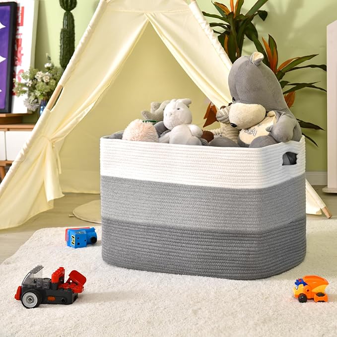 Extra Large Blanket Basket Living Room, Rectangle Storage Basket, Large Woven Baskets for Storage, Cotton Rope Basket for Toys, Clothes, Gradient Grey - 25”x16”x16” (105L)