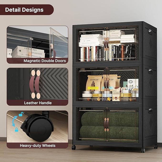 Extra Large Stackable Storage Bins, Lockable Storage Bins with Lids, Folding Storage box with Doors and Wheels, Collapsible Plastic Drawers for Home, Garage, Office (6, Black, Extra Large)