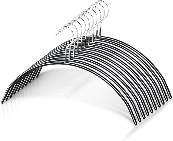 Clothes Hangers - 10 Pack, Black - Solid Premium Steel Iron Clothing & Sweater Hangers - Non-Slip No Shoulder Bumps with Grippy Coating - Sleek, Slim & Rounded - Space Saving Solution - by Zoe Deco