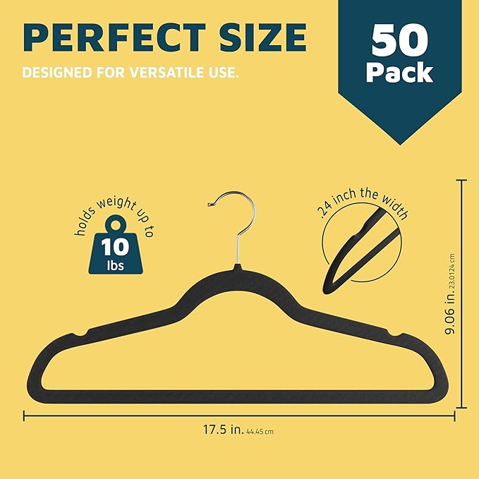 Lifemaster Velvet Non-Slip Plastic Hanger Set - 50 Pieces Non-Slip Clothes Hanger Set with 360° Swivel Hook, Space-Saving, Sleek Design, Smooth Velvet Finish, Lightweight Construction - Black