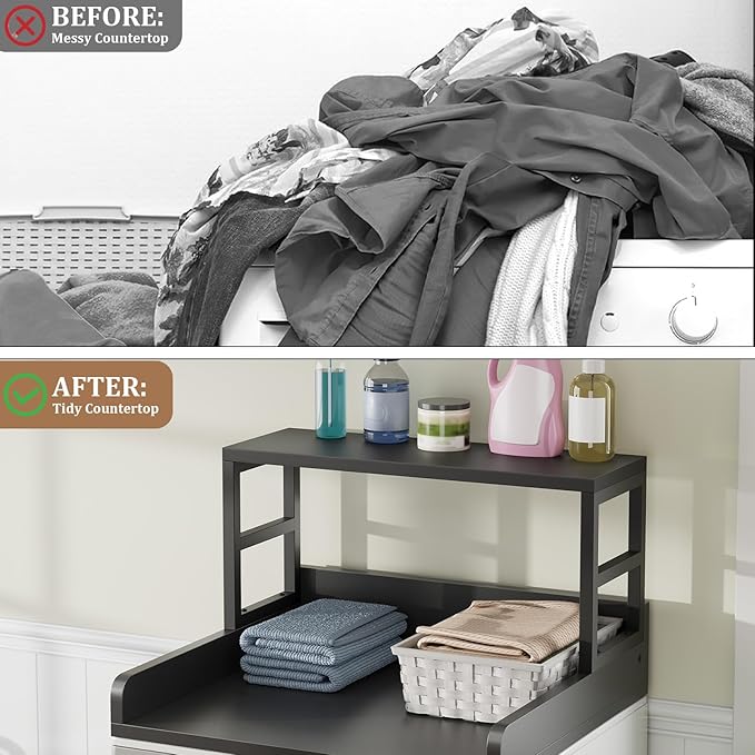 Washer Dryer Countertop with Shelf, 23.62″D x 23.62″W x 16.57″H, Countertop for Washer and Dryer Top with Non-Slip Pads and Edge Rails, Laundry Room Storage and Organization(Black)