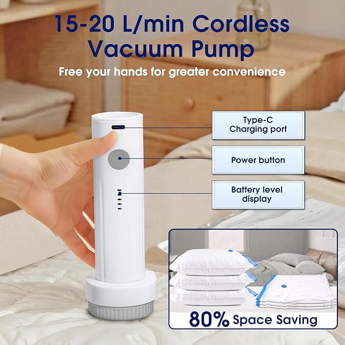 6.0Kpa Cordless Electric Vacuum Pump for Storage Bags, USB Rechargeable Portable Vacuum Sealer for Travel Air Pump Compression Bag Pumps for Clothes Blankets Bedding, Grey (No bags)