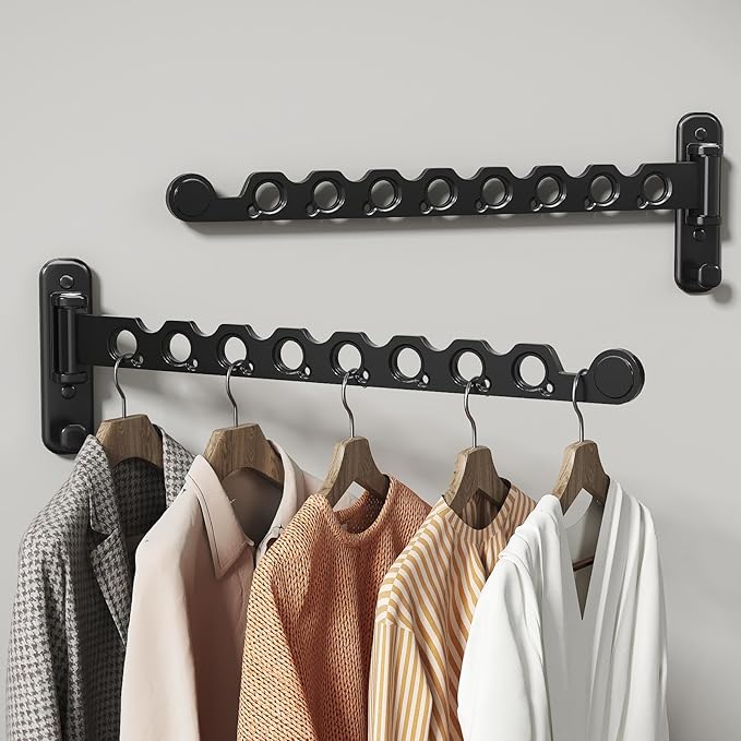 Wall Mounted Clothes Hanger Rack Foldable Drying Rack Hook Folding Indoor for Laundry Room Organization Bedroom Collapsible Racks Perfect for Small Spaces, 8 Hole Black 2 Packs