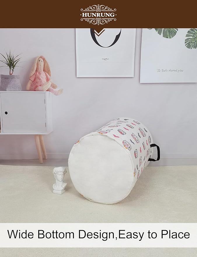 HUNRUNG Laundry Hamper,Large Canvas Fabric Lightweight Storage Basket Toy Organizer Dirty Clothes Collapsible Waterproof for College Dorms（Round-Love Owl）