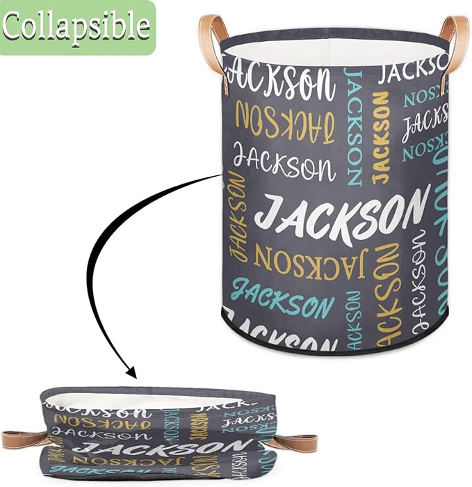 Custom Name Large Laundry-Basket for Kids-Boys-Girls, Personalized Foldable Waterproof Laundry Hamper Dirty Clothes Toys Storage Bin with Handles,Grey
