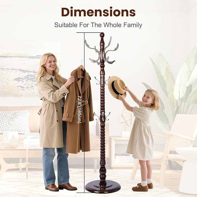 Freestanding Coat Rack with 14 Hooks, Sturdy Wooden Hall Tree for Entryway, Heavy-Duty Disc Base,for Hanging Hats, Jackets, Bags, Easy Assembly for Bedroom, Hallway, Office